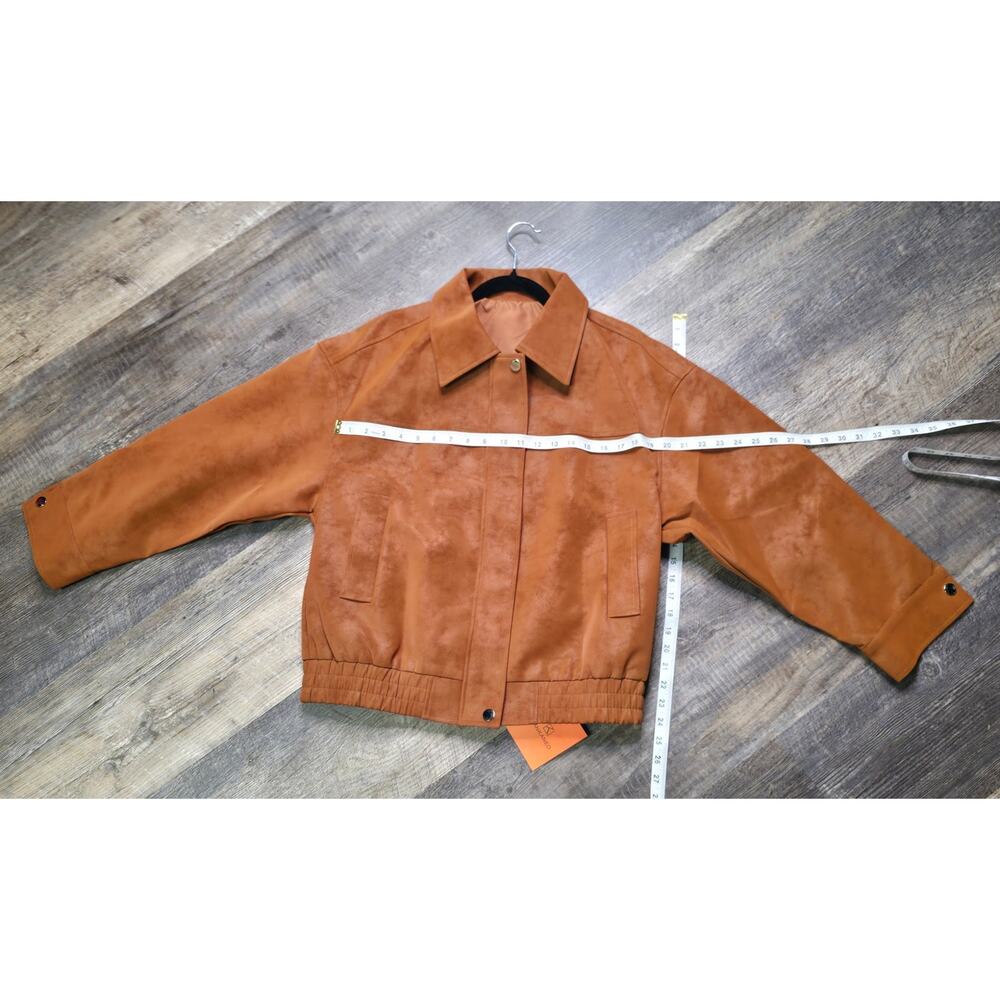 TANKANEO Faux Suede Bomber Jacket Camel Brown Zip Snap NWT S - Picture 4 of 10